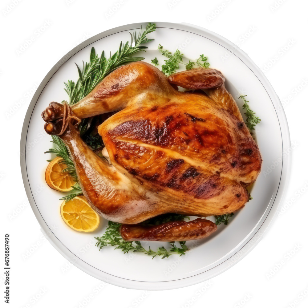 Holiday chicken with orange and rosemary on white dish, isolated on white background. Holiday chicken with orange and rosemary on white dish, isolated on white background.