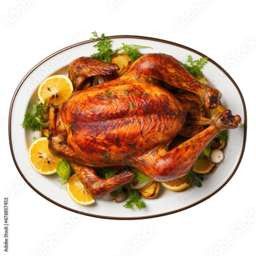 Whole prepared turkey festive dish on white background. 