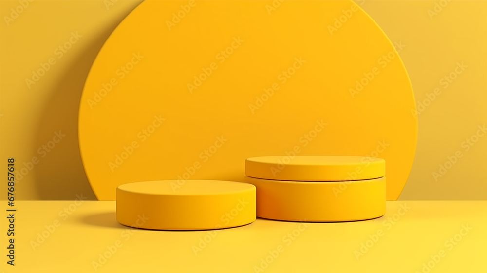 Yellow colour minimal concept double cylinder pedestal or podium for product showcase display on empty background. Made with generative ai Yellow colour minimal concept double cylinder pedestal or podium for product showcase display on empty background. Made with generative ai