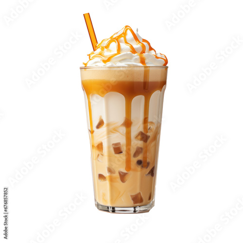 Caramel frappe in a glass with straw, isolated on white background.