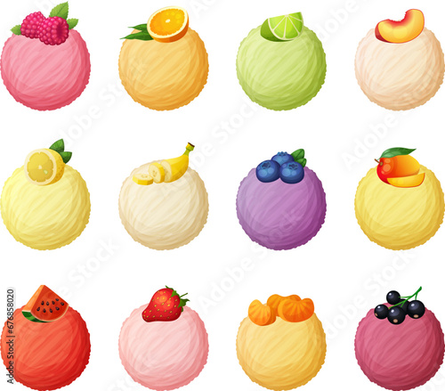 Set of fruit flavors ice-cream scoops vector icons isolated on white background, cartoon illustrations of ice cream balls collection, strawberry raspberry banana, orange peach lemon, blueberry