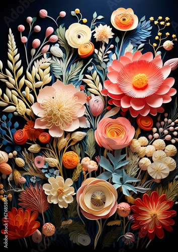 3d render, digital illustration, colorful paper flowers wallpaper, spring summer background, floral bouquet. Floral holiday card.