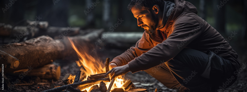 A bearded man sits by a campfire in a forested area, using his smartphone, with a tent behind him and a thermos bottle beside him. - obrazy, fototapety, plakaty 