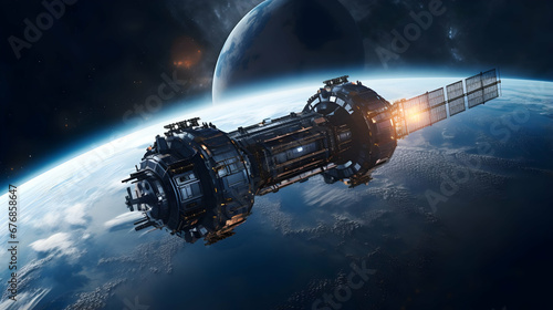 argo space craft and Earth planet. Dark background. Sci-fi wallpaper.Space Station Orbiting Earth,Generative Ai. photo