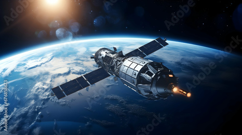 argo space craft and Earth planet. Dark background. Sci-fi wallpaper.Space Station Orbiting Earth,Generative Ai.