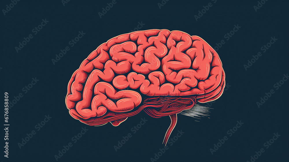 Engraved Human Brain Drawing in Bright Red - Medical Neuroscience Illustration Engraved Human Brain Drawing in Bright Red - Medical Neuroscience Illustration
