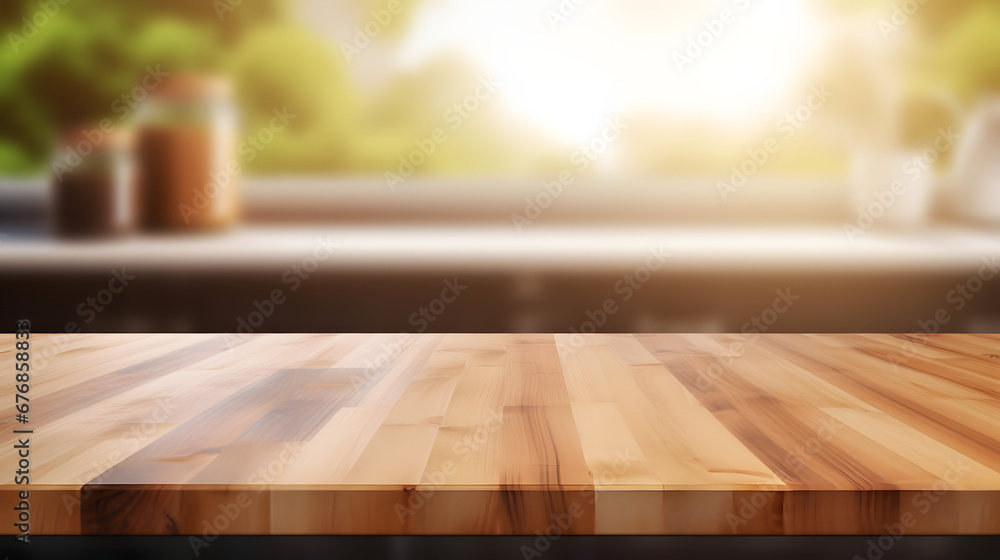 Wooden table on blurred kitchen bench background. Empty wooden table and blurred kitchen background - obrazy, fototapety, plakaty 