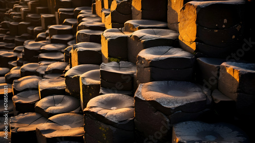 Colorful Giant s Causeway rock patterns and textures in late afternoon sun,AI photo