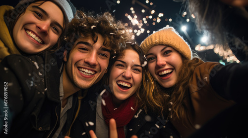 A joyful group of friends gather closely for a selfie, laughing and smiling against a backdrop of dazzling fireworks in an urban setting at night.