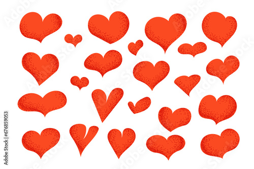 Red flat hearts with dotted texture. Vector textured elements collection. Unique illustration for St Valentines day. Good for stickers, pattern