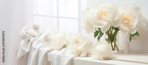 Vase with white peony flowers in living room decoration. AI generated image