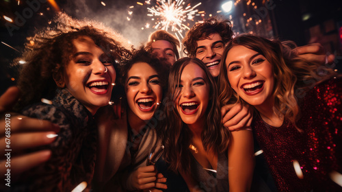 A joyful group of friends gather closely for a selfie  laughing and smiling against a backdrop of dazzling fireworks in an urban setting at night.