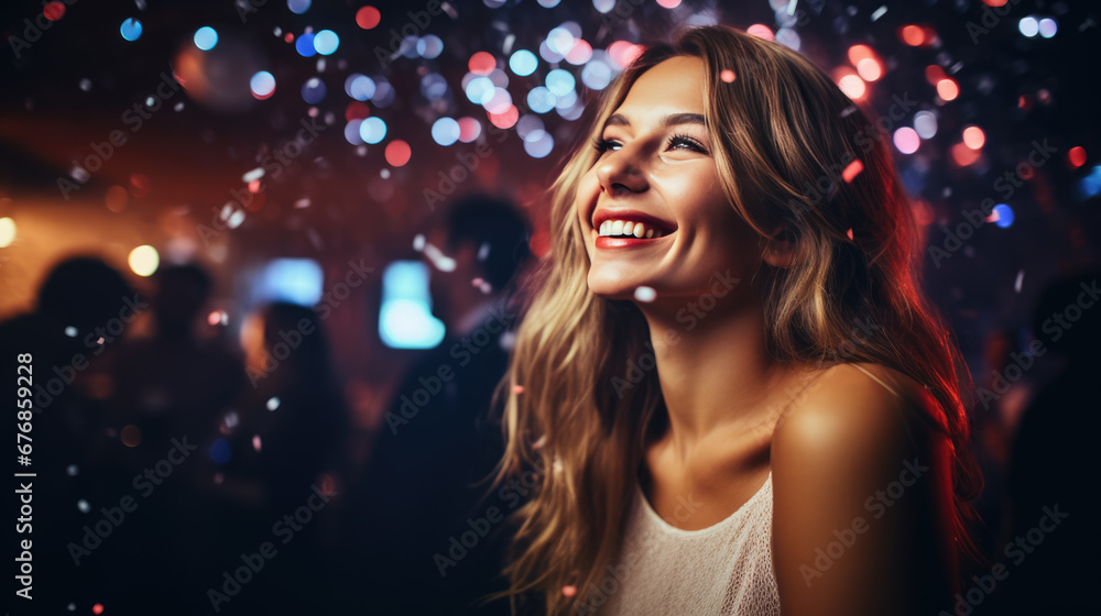 A joyous curly-haired woman, adorned in sequined evening wear, beams brightly amidst a confetti-filled celebration with shimmering bokeh lights. A joyous curly-haired woman, adorned in sequined evening wear, beams brightly amidst a confetti-filled celebration with shimmering bokeh lights.