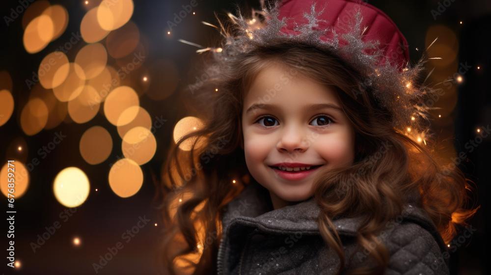 A young girl with sparkling blue eyes and a warm smile wears a winter hat with twinkling lights, surrounded by a magical atmosphere of golden bokeh lights. A young girl with sparkling blue eyes and a warm smile wears a winter hat with twinkling lights, surrounded by a magical atmosphere of golden bokeh lights.