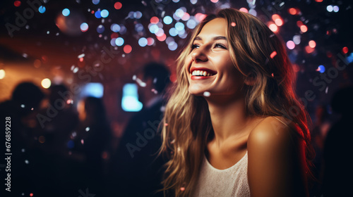 A joyous curly-haired woman, adorned in sequined evening wear, beams brightly amidst a confetti-filled celebration with shimmering bokeh lights.