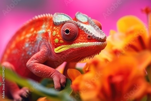 Chameleon on the flower close-up. Beautiful chameleon sitting on flower in a summer garden