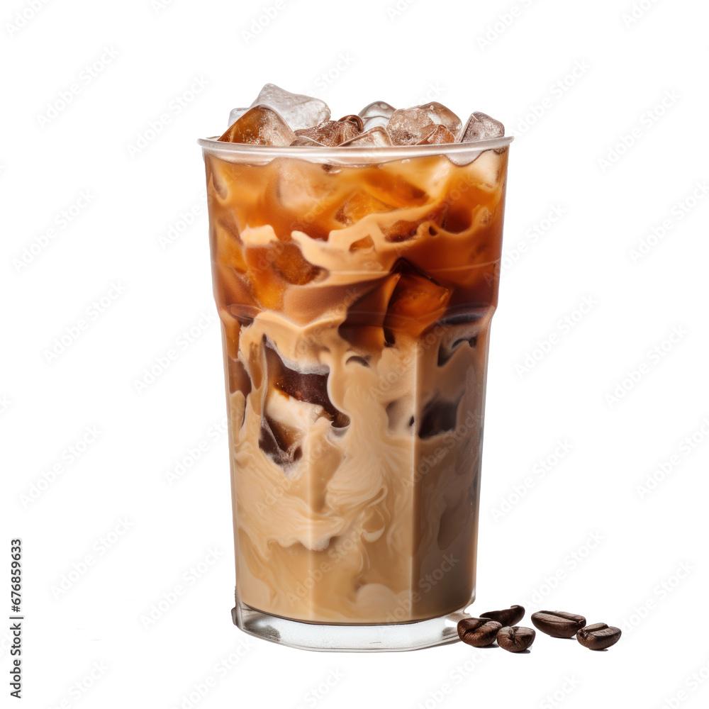 Iced coffee with beans on white background. Iced coffee with beans on white background.