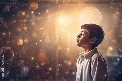 Happy schoolboy at school astronomy lesson dream, AI generated photo
