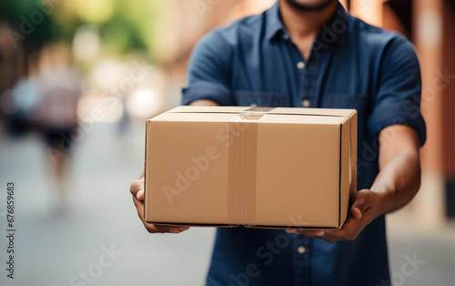 young man hand holding a cardboard box, Good delivery concept