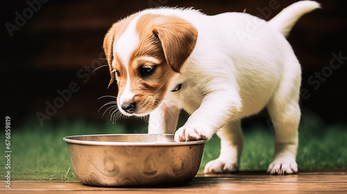 puppy searching for food in a empty bowl © bmf-foto.de