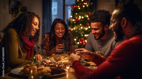 Group of friends enjoying a lively Christmas dinner party, filled with laughter and good cheer, in a warmly lit room decorated for the holiday season.