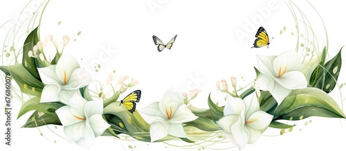 Watercolor lily flower with butterfly on white background. AI generated image