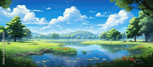 In the background the clear blue sky perfectly complements the shimmering waters creating a picturesque summer scene for travelers to embrace the beauty of nature with lush green grass bloo