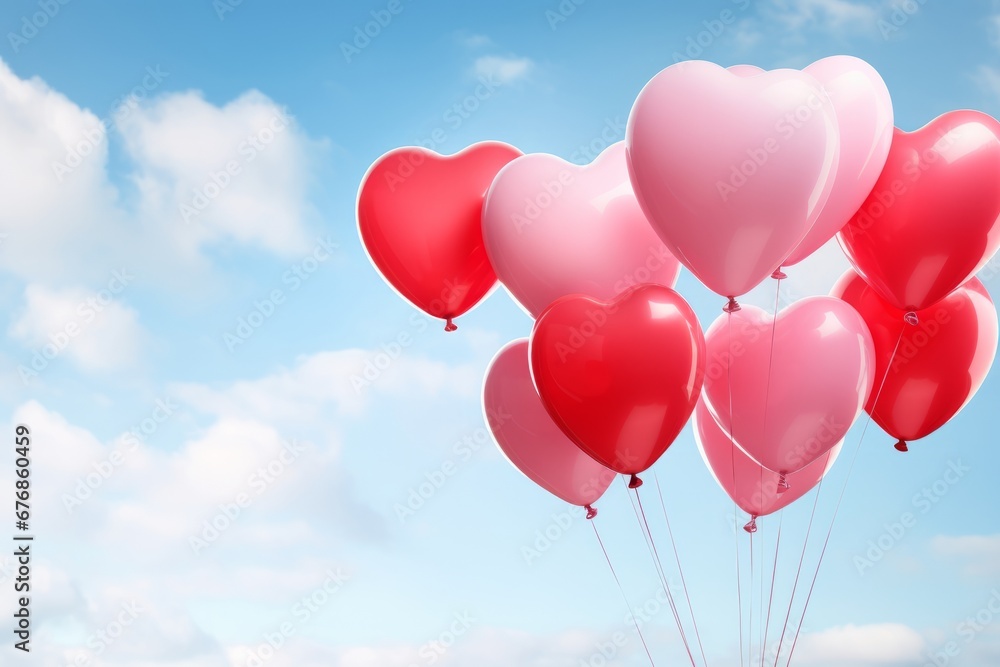 Pink and red heart-shaped balloons in a blu sky. AI generative