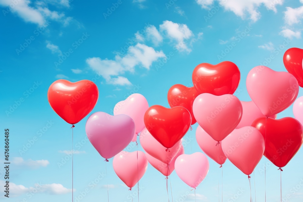 Pink and red heart-shaped balloons in a blu sky. AI generative