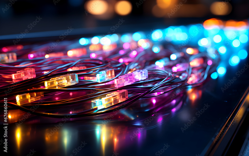 Fototapeta premium Colorfull electric cables and led dark background