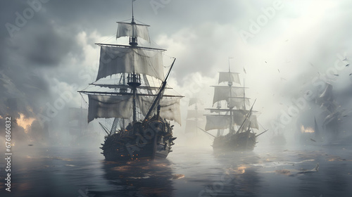 Front view of a pirate ship fleet piercing through the fog,Generative Ai.