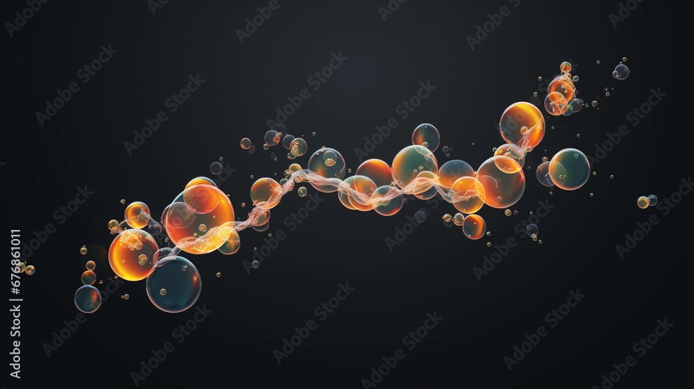 Eine Kette aus Seifenblasen fliegt durch die Luft. - obrazy, fototapety, plakaty 