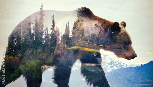 A grizzly bear and the Pacific Northwest, double exposure style photography