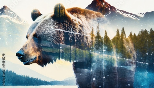 A grizzly bear and the Pacific Northwest, double exposure style photography photo