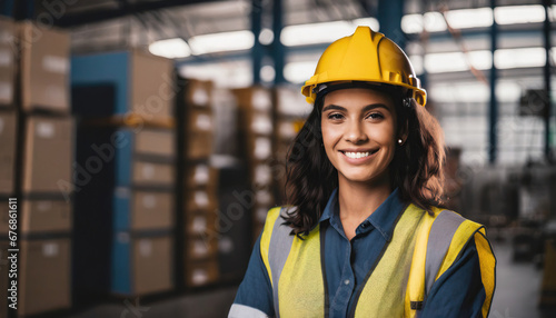 Latino engineer woman in factory or warehouse, copyspace photo