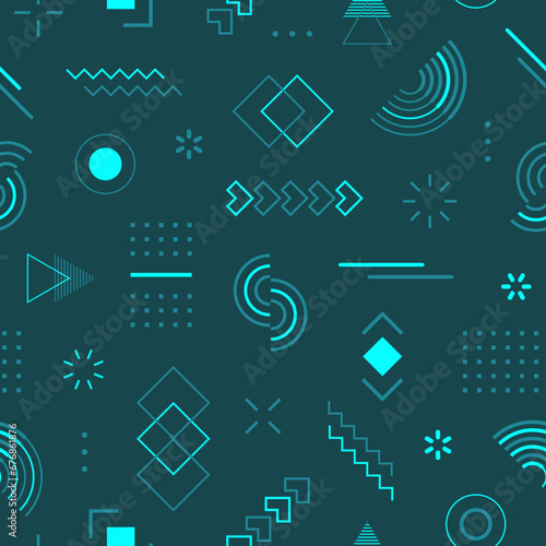 Abstract geometric seamless pattern. Repeating geometry background. Memphis shape. Repeated cool school sample. Design prints. Funky motif. Repeat scatter lattice. Modern swatch. Vector illustration