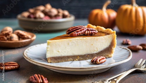 Slice of pecan pie cheesecake dessert, fall season baking, Thanksgiving photo