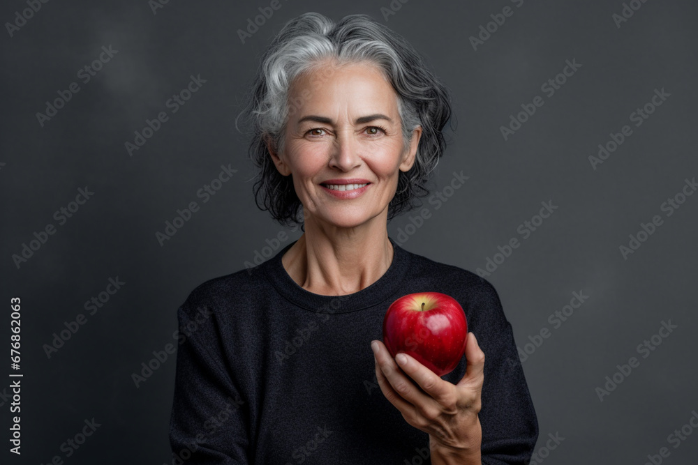 Elderly Lady Smiles, Holding an Apple Against a Subdued Grey Backdrop, AI generated Elderly Lady Smiles, Holding an Apple Against a Subdued Grey Backdrop, AI generated