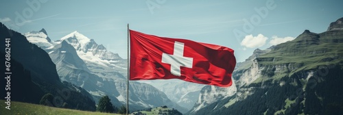 Panoramic view of majestic swiss mountain range with the flag of switzerland fluttering in the wind