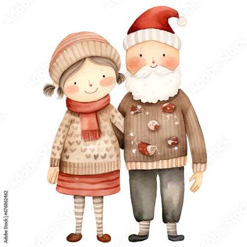 Cute Holiday Senior Couple Christmas Clipart in Whimsical Watercolor Style on white background