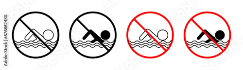 Prohibited warning sign for no swim vector set. No swimming sign suitable for apps and websites.