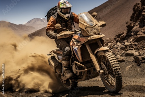Adventurous motorcyclist riding through breathtaking mountain scenery on an exciting tour