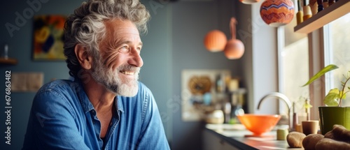 Cheerful Senior Man looking out of window in the Living Room with Artistic Renovation photo