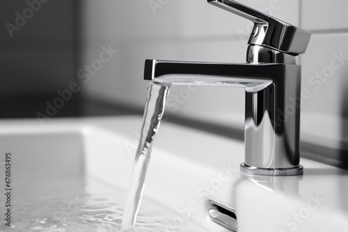 Close up of chrome bathroom faucet with flowing water and polished surface reflection