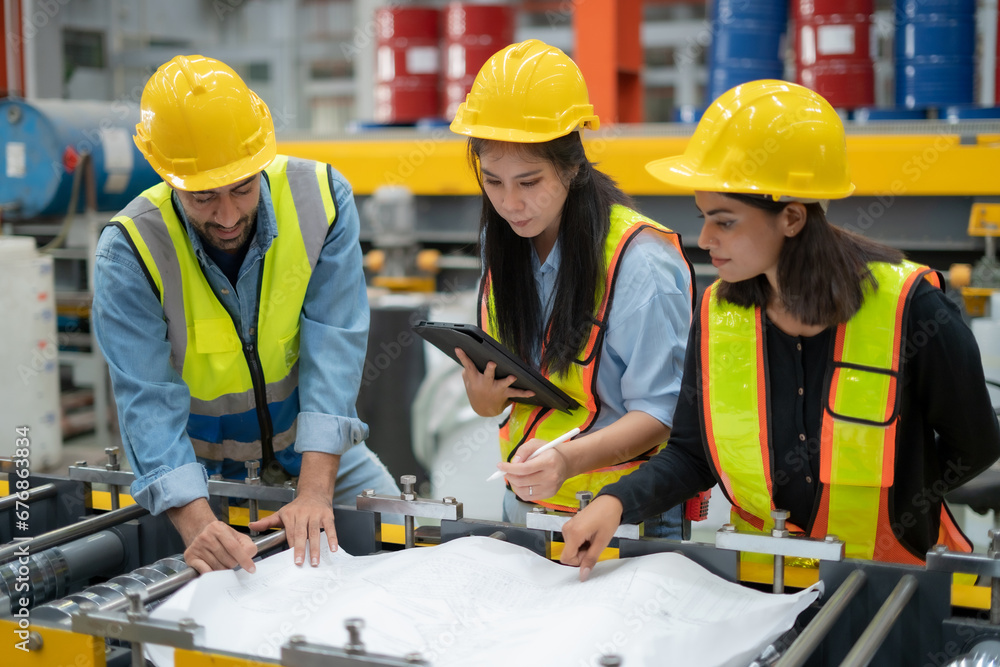 Three workers in safety gear are looking at a piece of paper. They are wearing yellow and orange vests Three workers in safety gear are looking at a piece of paper. They are wearing yellow and orange vests