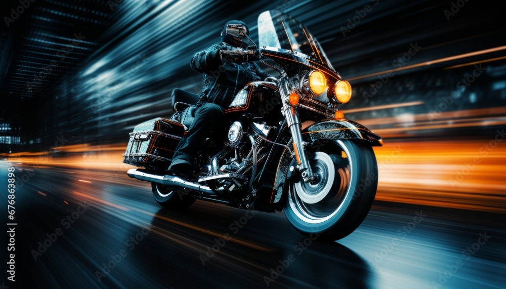 Adventurous motorcyclist embarking on a thrilling journey with captivating motion blur background