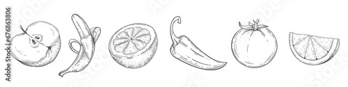 Set of drawn fruits and vegetables. Apple, lemon, banana, pepper Vector illustration. Vegan food.