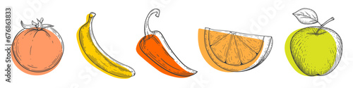 Multi-colored bright vegetables and fruits. Drawing Apple, lemon, banana, pepper Vector illustration. Vegan food.