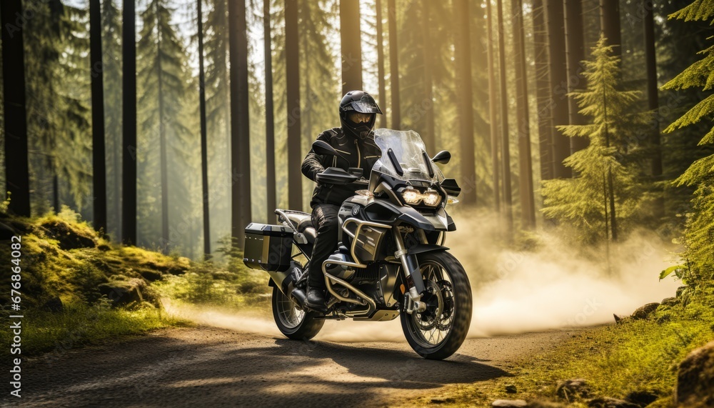 Obraz premium Adventurous motorcyclist on tour riding along scenic road with motion blur effect in the background