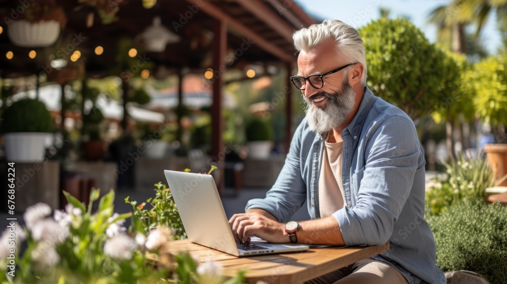 Focused and dedicated elderly man wearing stylish eyeglasses as he furthers his tasks on laptop Focused and dedicated elderly man wearing stylish eyeglasses as he furthers his tasks on laptop